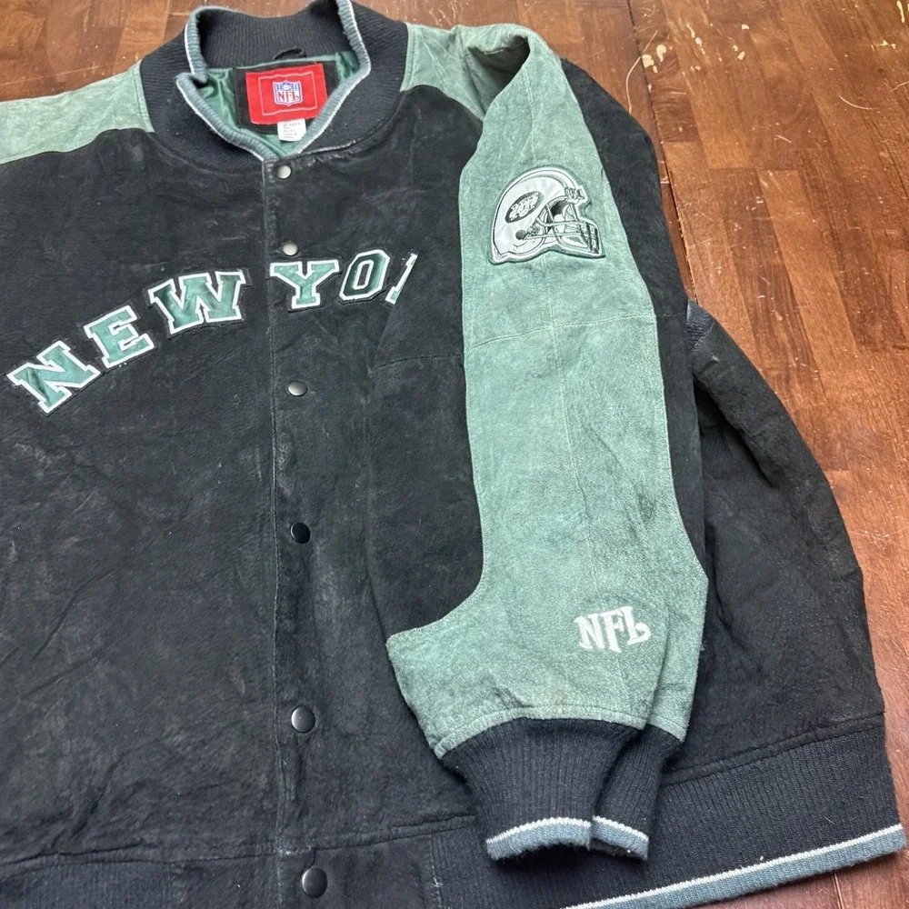 Vintage 90s Y2k New York Jets NFL Suede Varsity Bomber‎ Jacket size 5XL